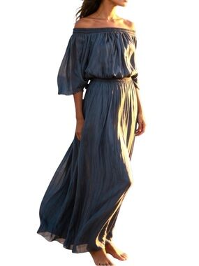 🌚Halston Heritage Maxi Satin Off-Shoulder Dress in Midnight, Size XS
